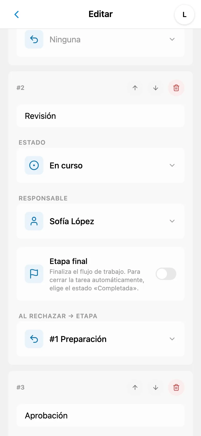 Ajustes de la etapa con un miembro asignado