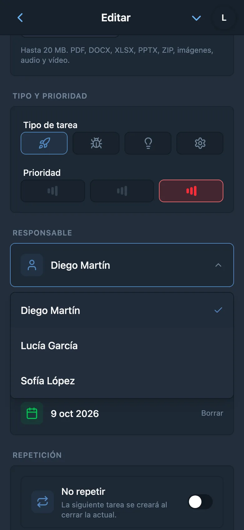 Selección de un responsable entre los miembros del espacio de trabajo