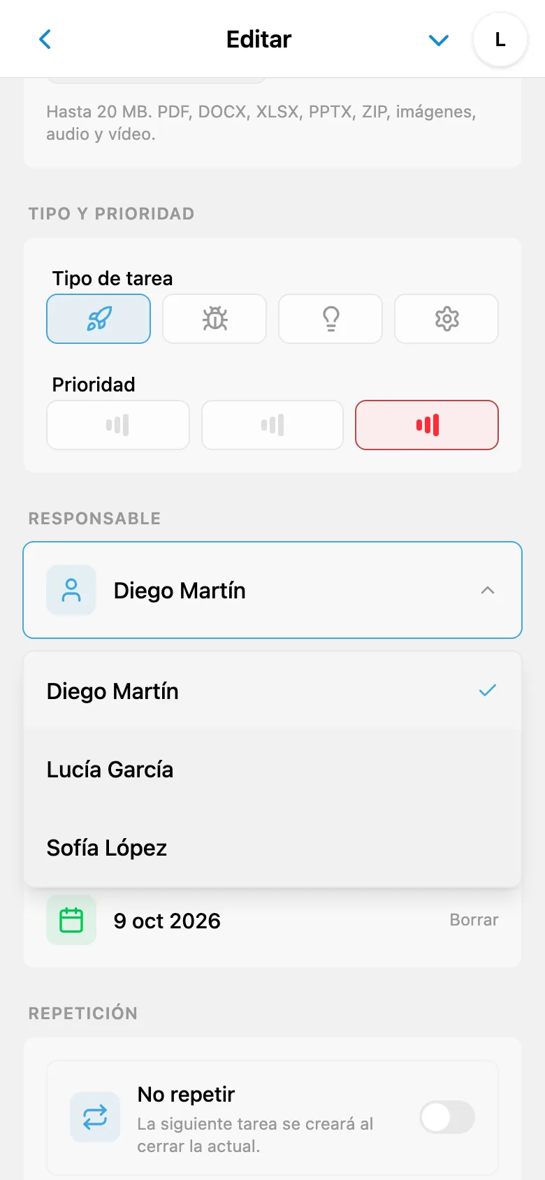 Selección de un responsable entre los miembros del espacio de trabajo