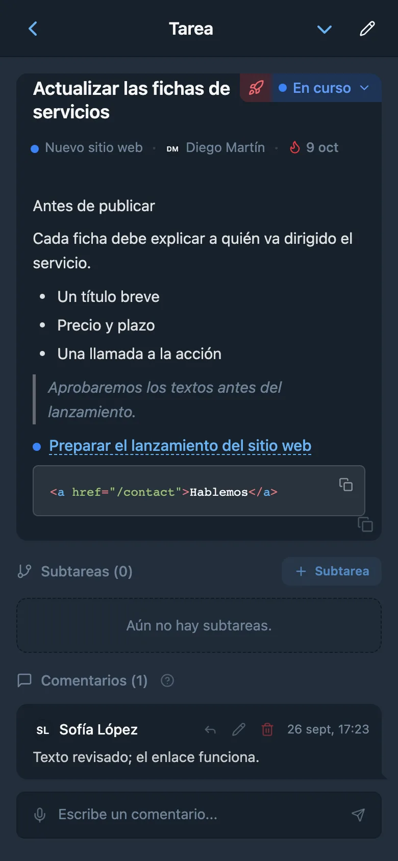 Descripción de una tarea con lista con viñetas, enlace, bloque de código y cita