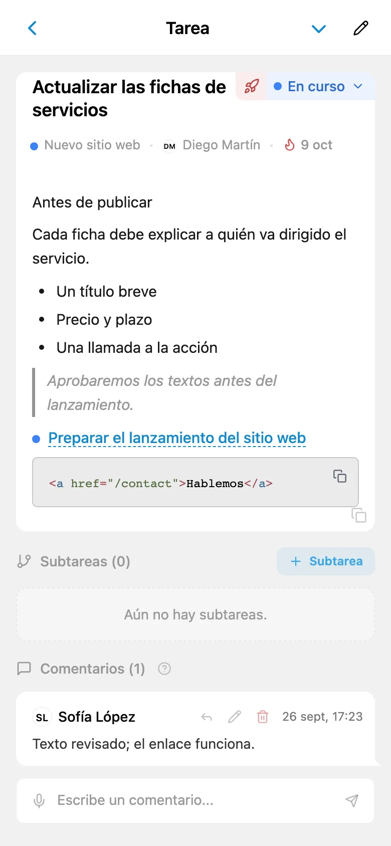 Descripción de una tarea con lista con viñetas, enlace, bloque de código y cita