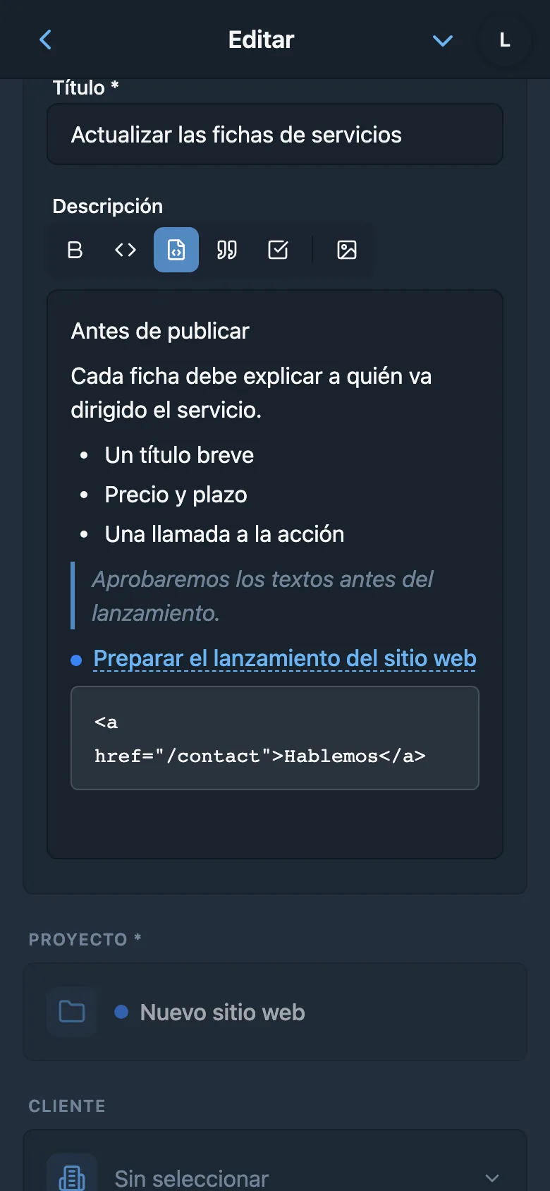Editor de descripción de tarea con formato y bloque de código