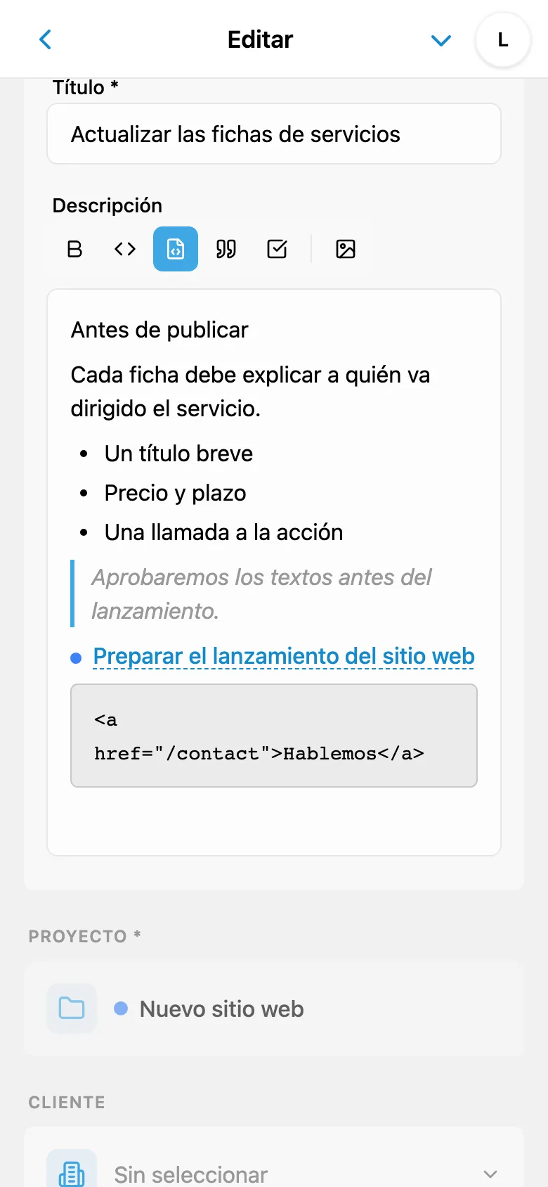 Editor de descripción de tarea con formato y bloque de código