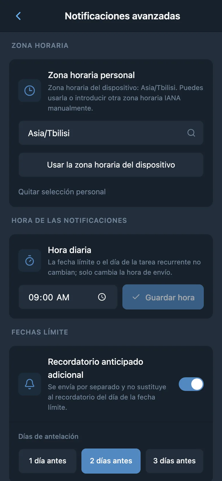 Ajustes de zona horaria, horario de notificaciones y recordatorios previos al vencimiento