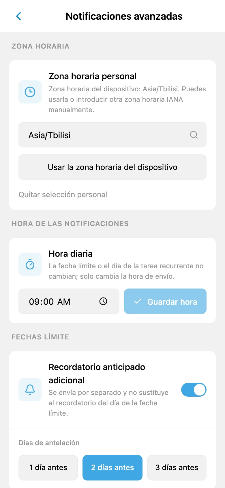 Ajustes de zona horaria, horario de notificaciones y recordatorios previos al vencimiento