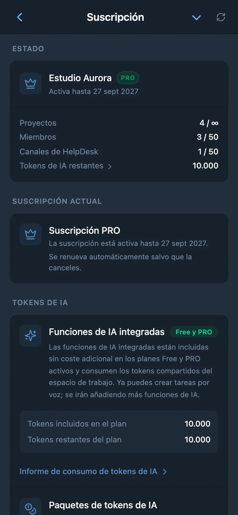Información de la suscripción del espacio de trabajo