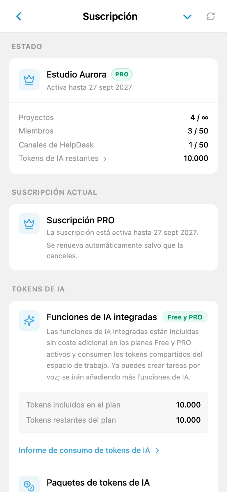 Información de la suscripción del espacio de trabajo