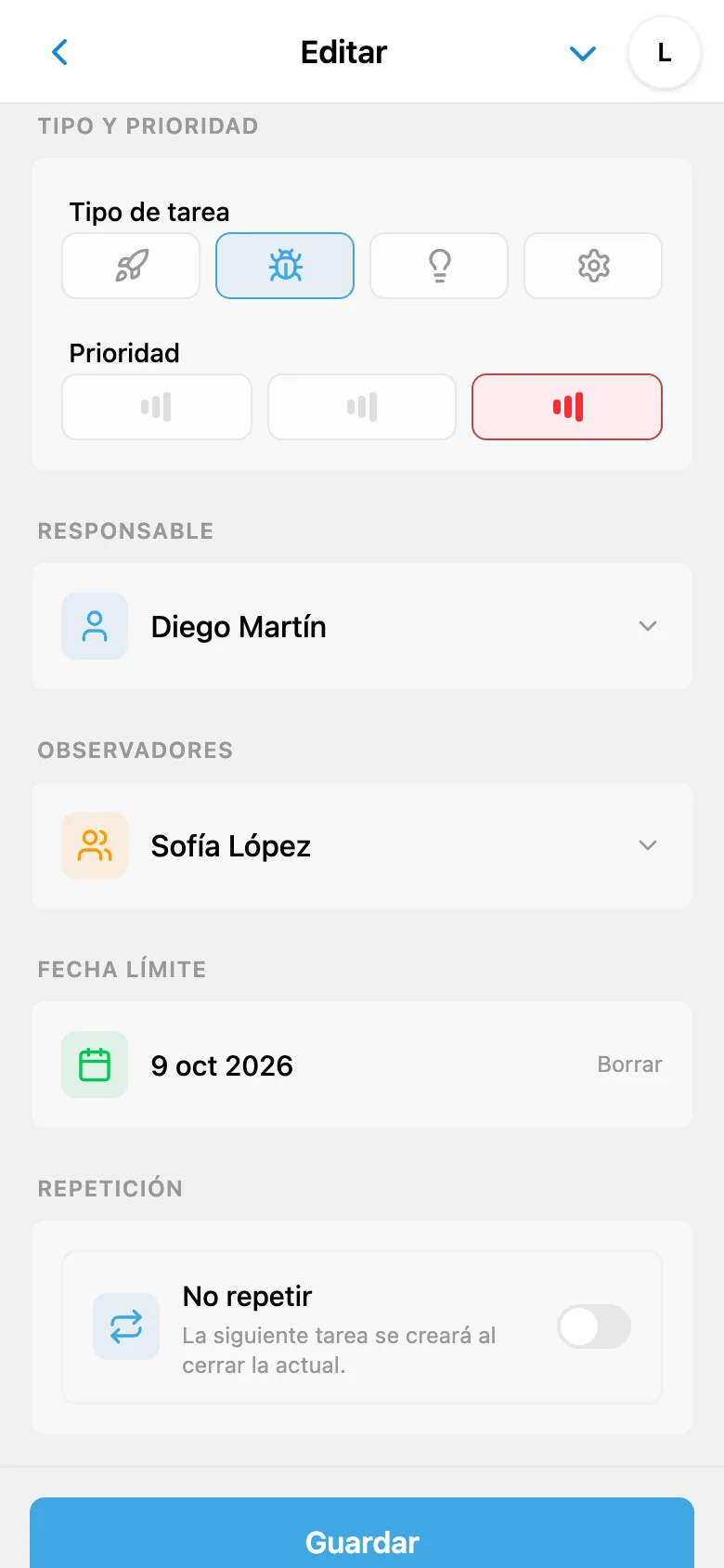 Campos de la tarea: tipo «Error», prioridad alta, responsable, observador y fecha límite