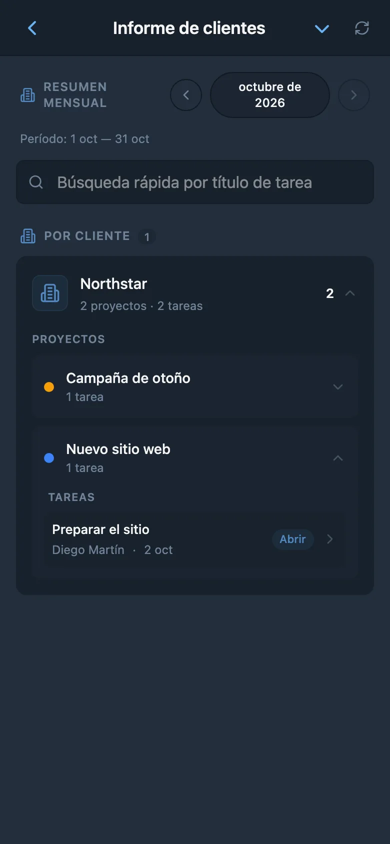 Informe de tareas completadas para el cliente seleccionado