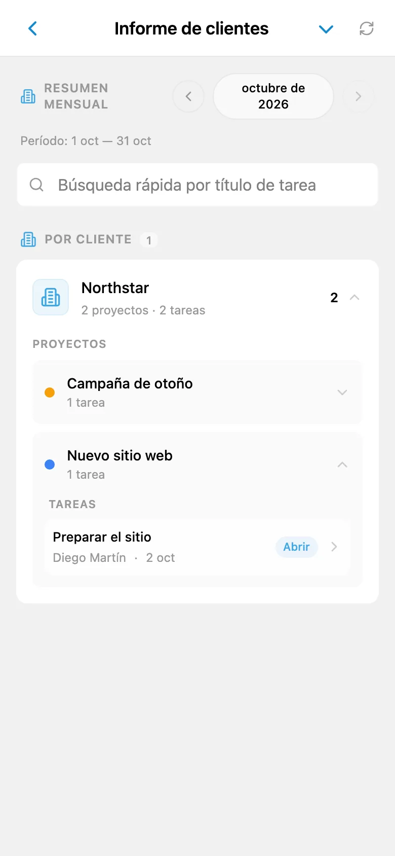 Informe de tareas completadas para el cliente seleccionado