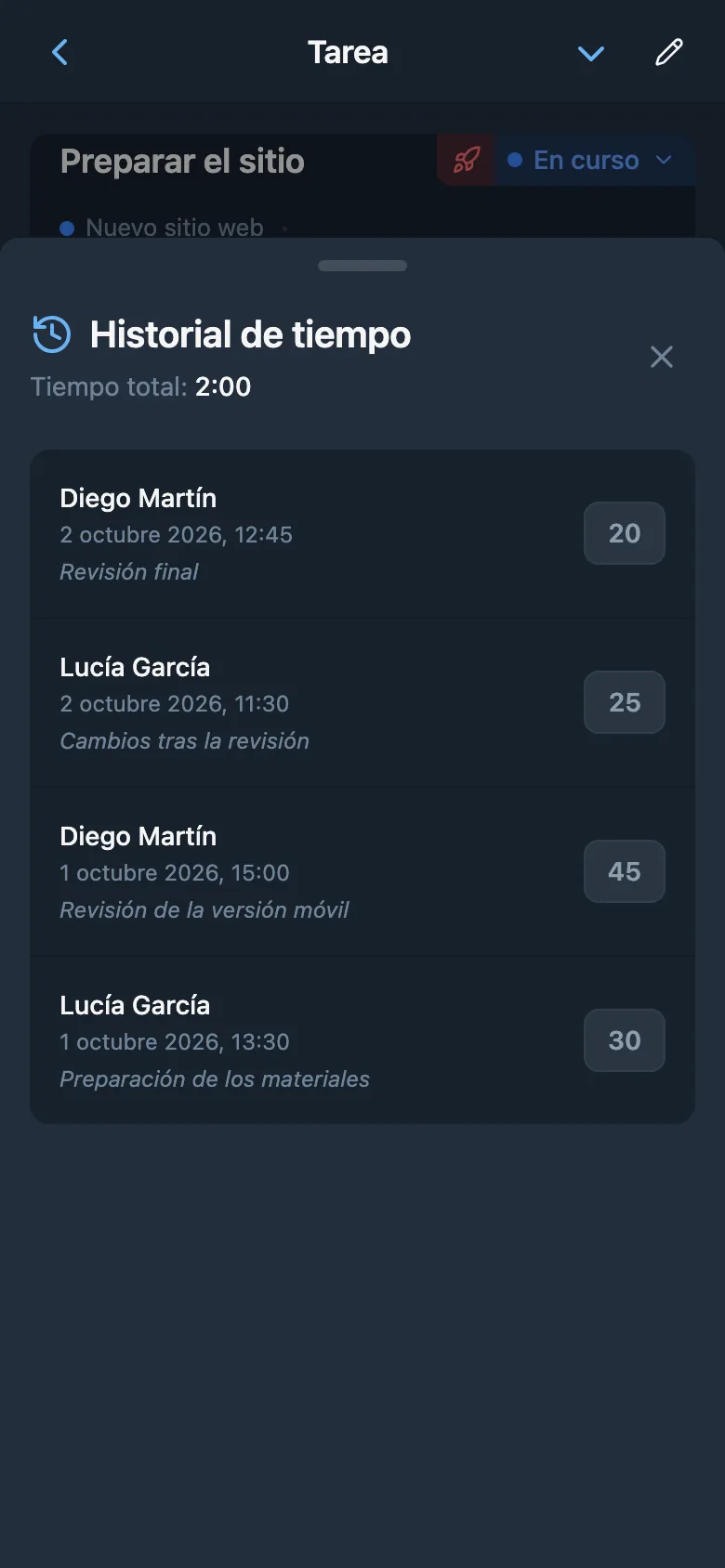 Historial de registros de tiempo con duración y comentarios