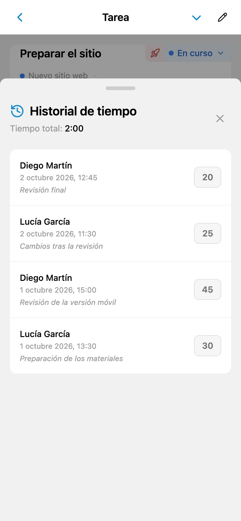Historial de registros de tiempo con duración y comentarios