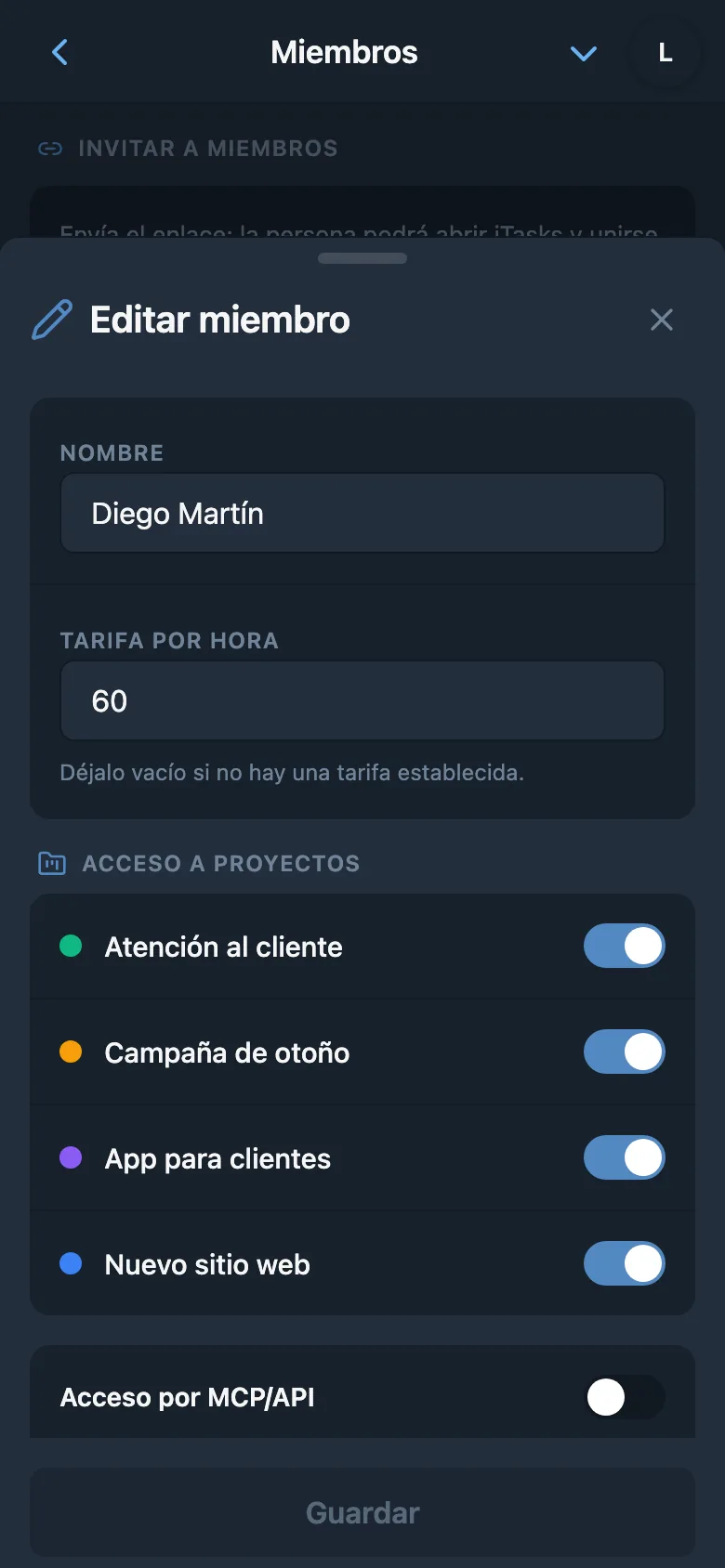 Tarifa por hora de un miembro del equipo