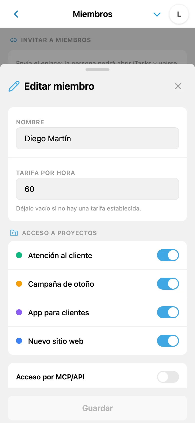 Tarifa por hora de un miembro del equipo