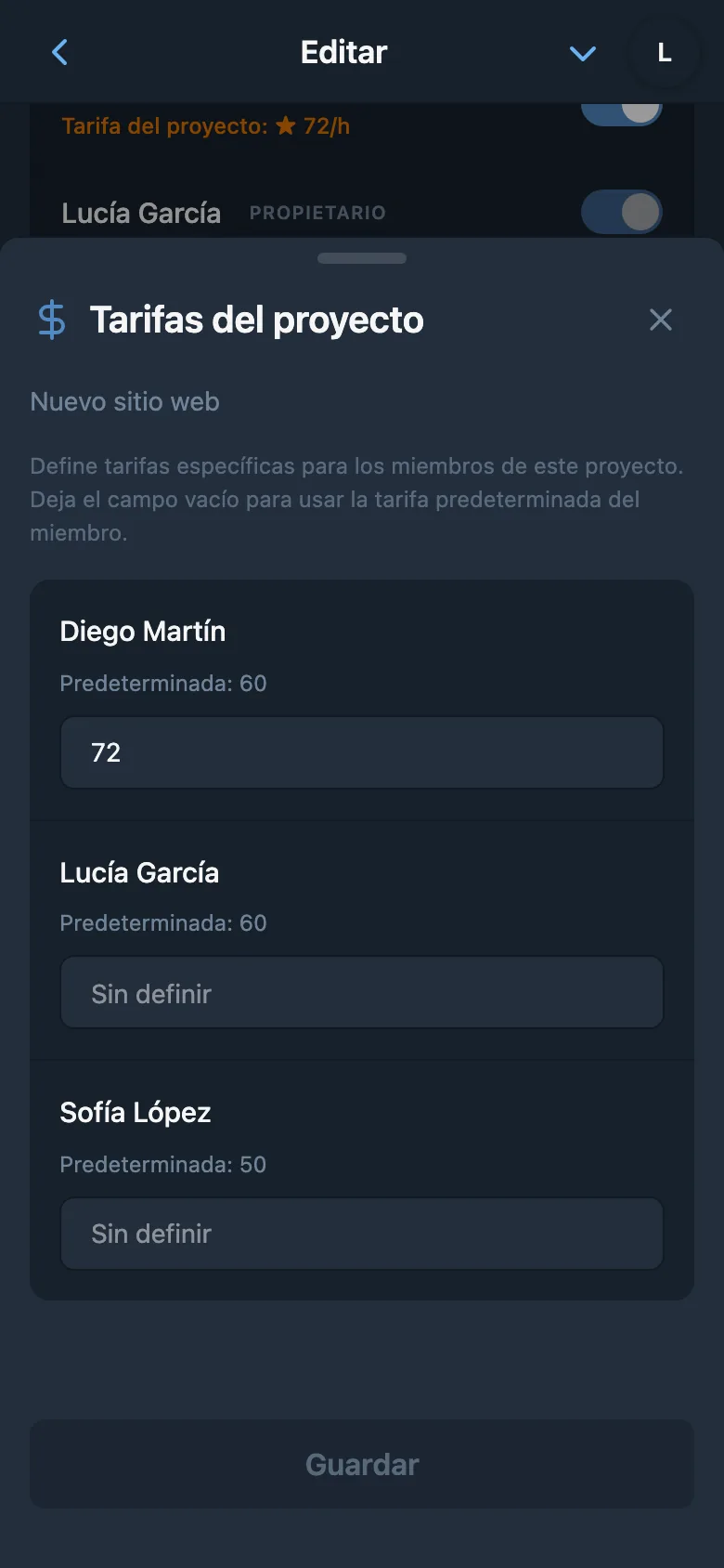 Tarifas individuales de los miembros en el proyecto seleccionado