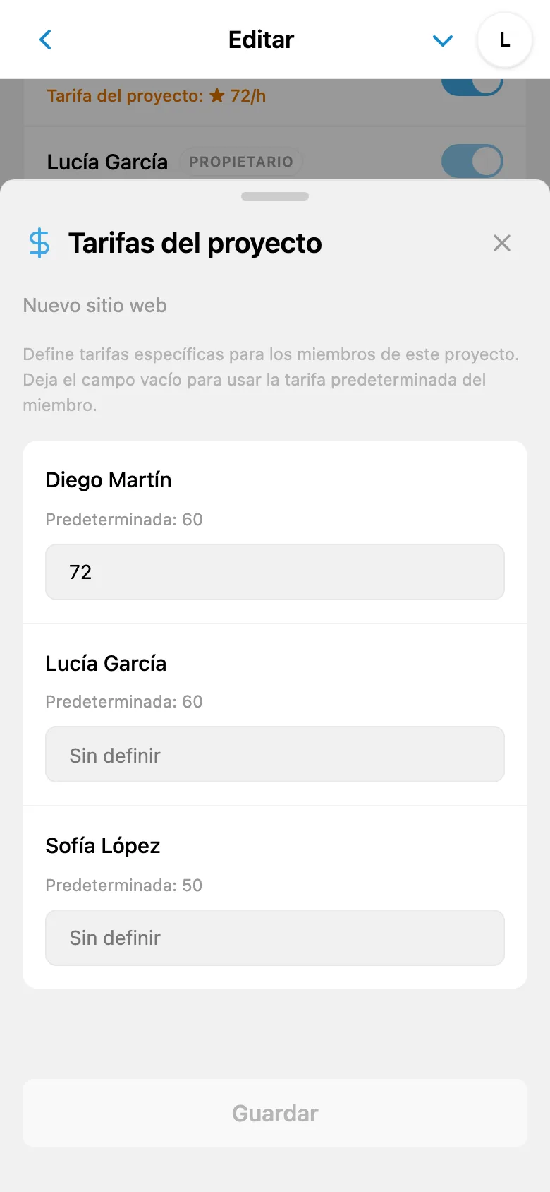 Tarifas individuales de los miembros en el proyecto seleccionado