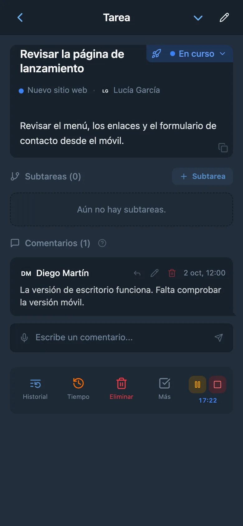 Temporizador de seguimiento del tiempo en marcha en una tarea