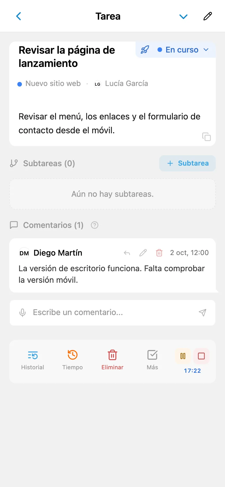 Temporizador de seguimiento del tiempo en marcha en una tarea