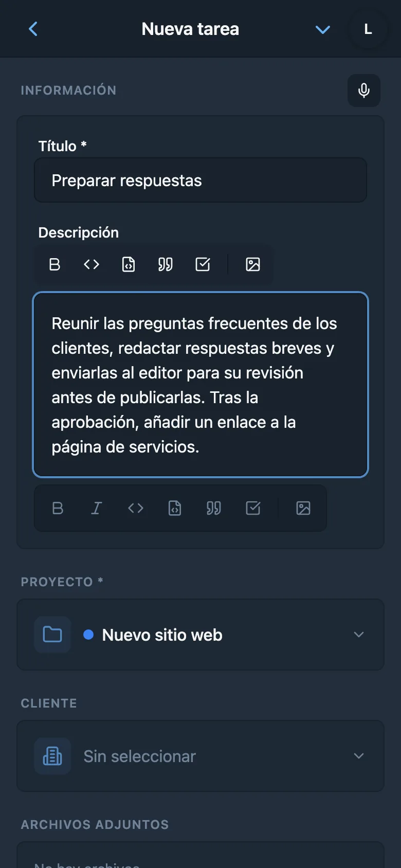 Edición de la descripción de la tarea después de introducirla por voz