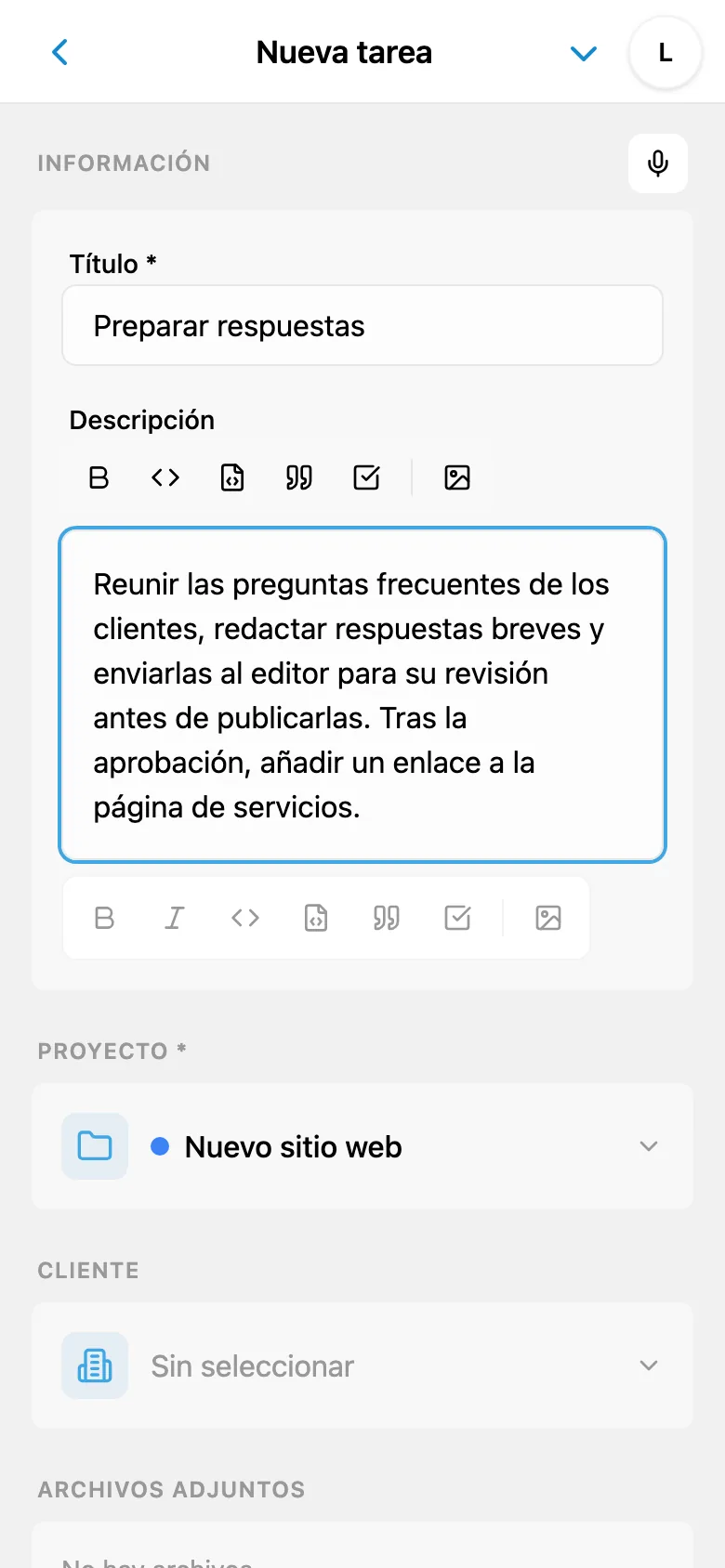 Edición de la descripción de la tarea después de introducirla por voz