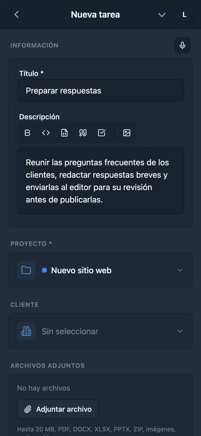 Título y descripción de una tarea preparados mediante dictado