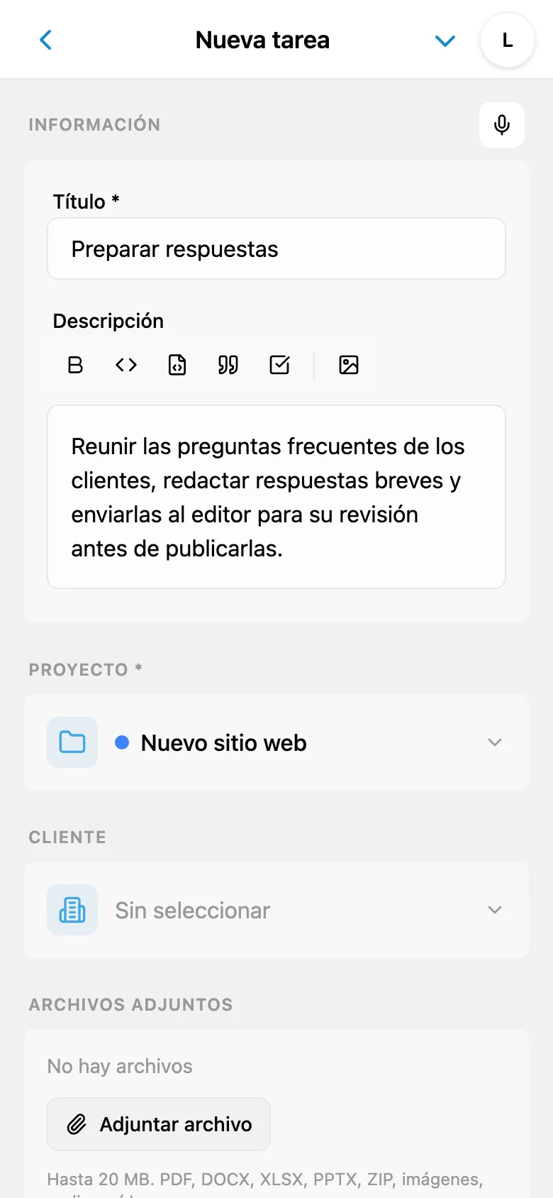 Título y descripción de una tarea preparados mediante dictado
