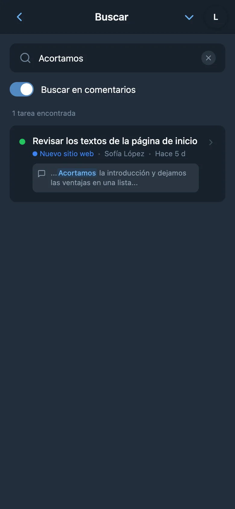Resultados de búsqueda en los comentarios de las tareas