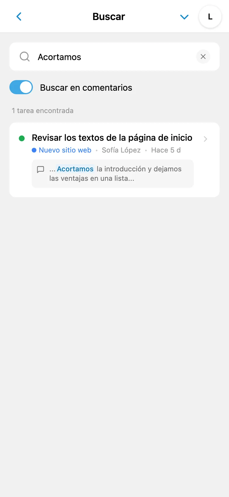 Resultados de búsqueda en los comentarios de las tareas
