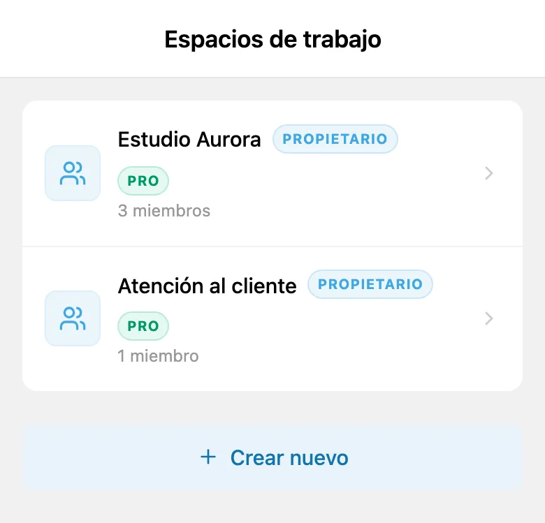 Lista de espacios de trabajo disponibles