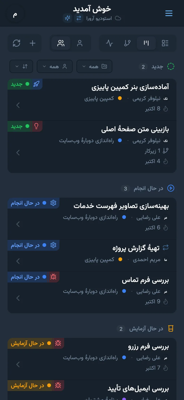 تابلوی Kanban با کارهای گروهبندیشده بر اساس وضعیت