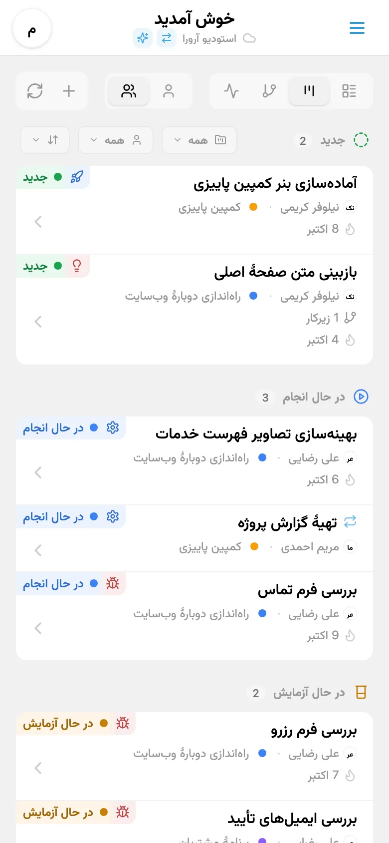 تابلوی Kanban با کارهای گروهبندیشده بر اساس وضعیت