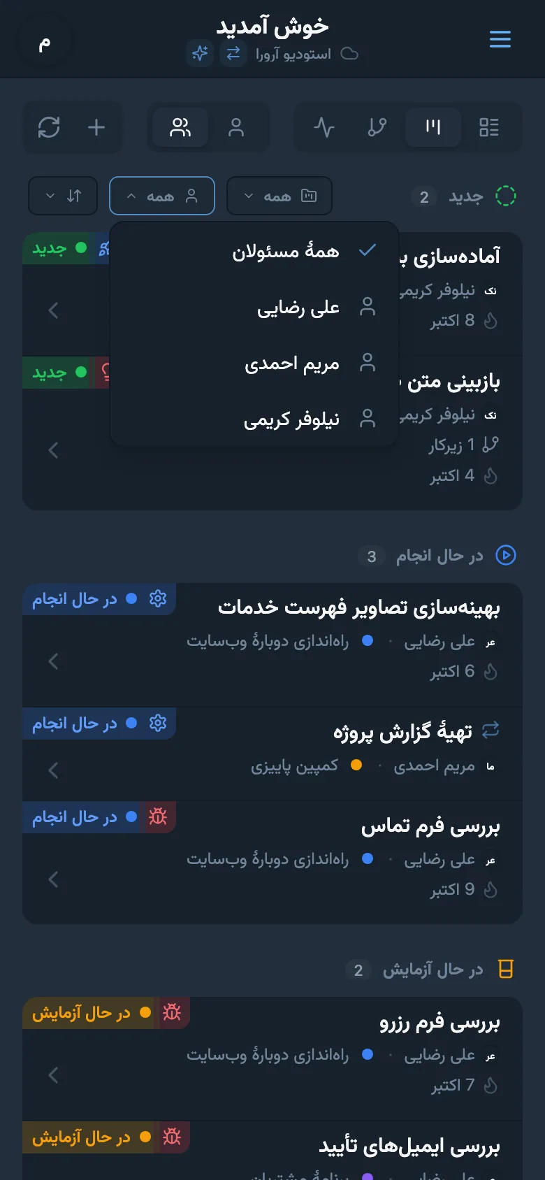 فیلتر کارها بر اساس مسئول