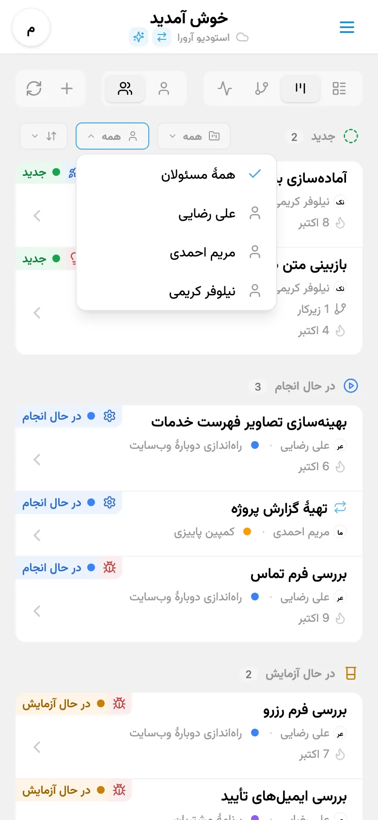 فیلتر کارها بر اساس مسئول