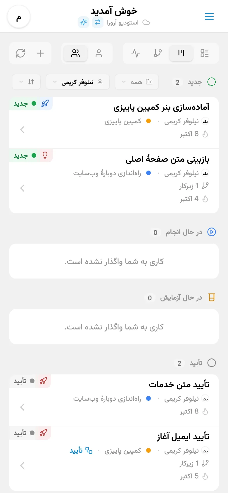 تابلوی Kanban فیلترشده بر اساس مسئول