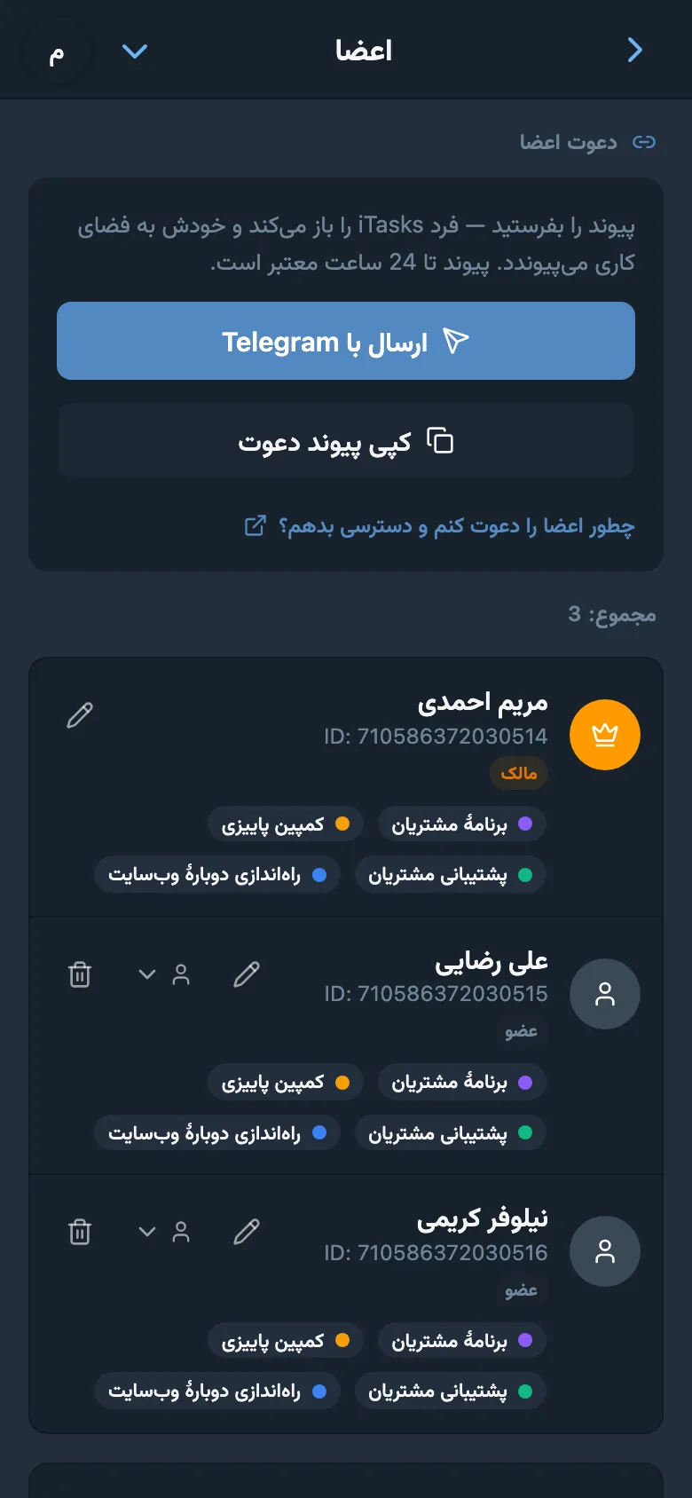 فهرست اعضای فضای کاری با نقشهای تعیینشده