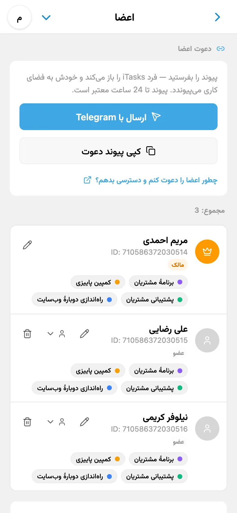 فهرست اعضای فضای کاری با نقشهای تعیینشده