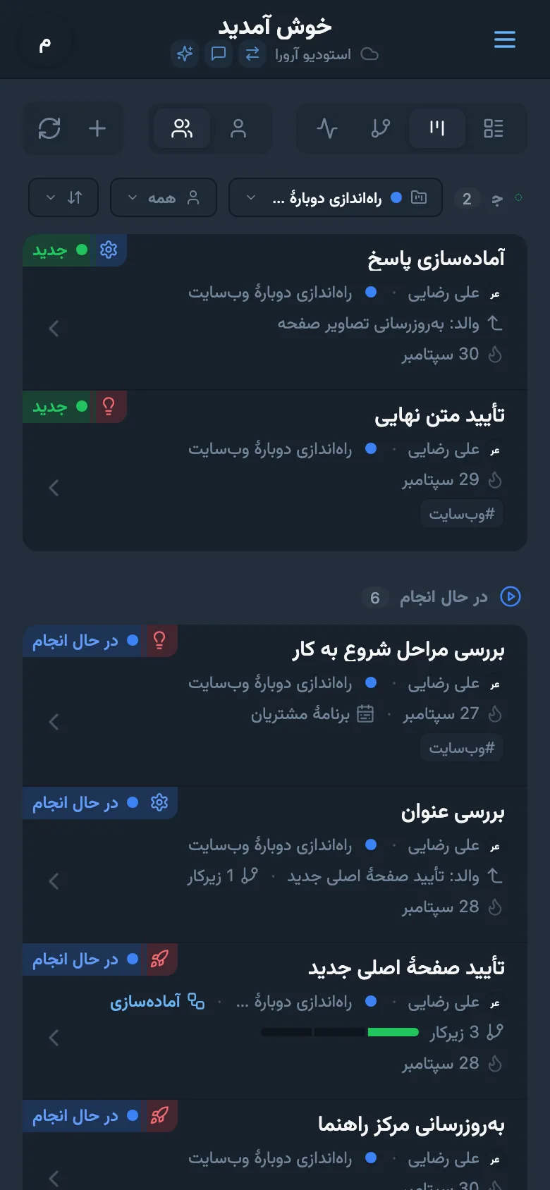 فهرست کارهای استودیو با وضعیتها، پروژهها و مهلتها