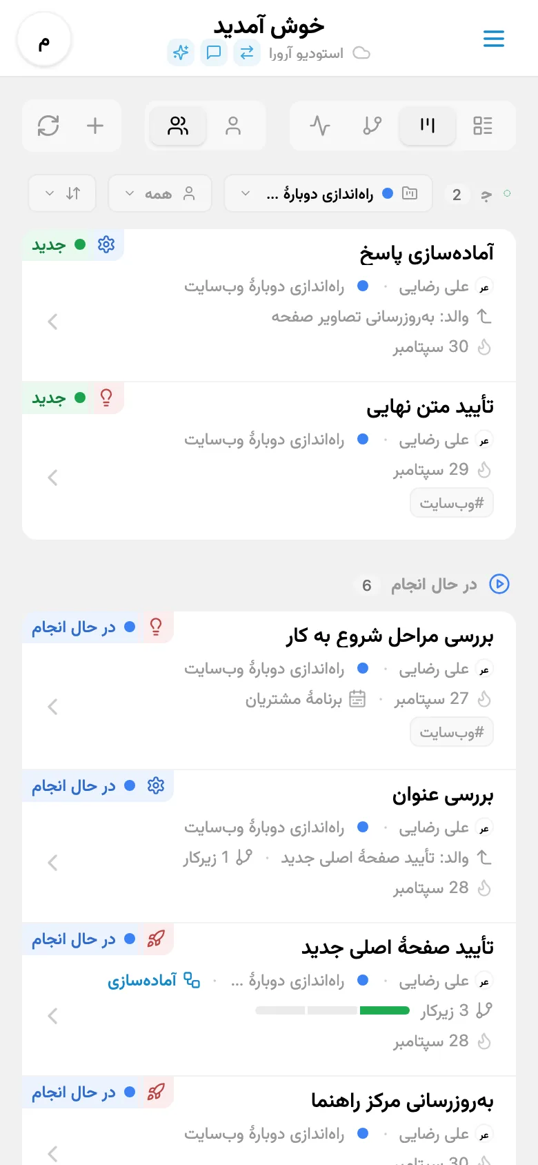 فهرست کارهای استودیو با وضعیتها، پروژهها و مهلتها