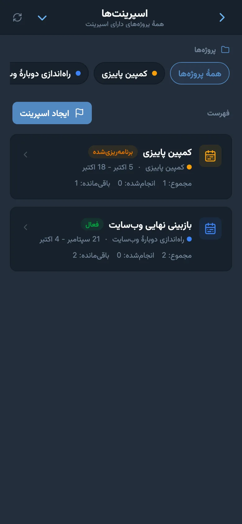 فهرست اسپرینت‌های پروژه با تاریخ‌ها و وضعیت تکرارها
