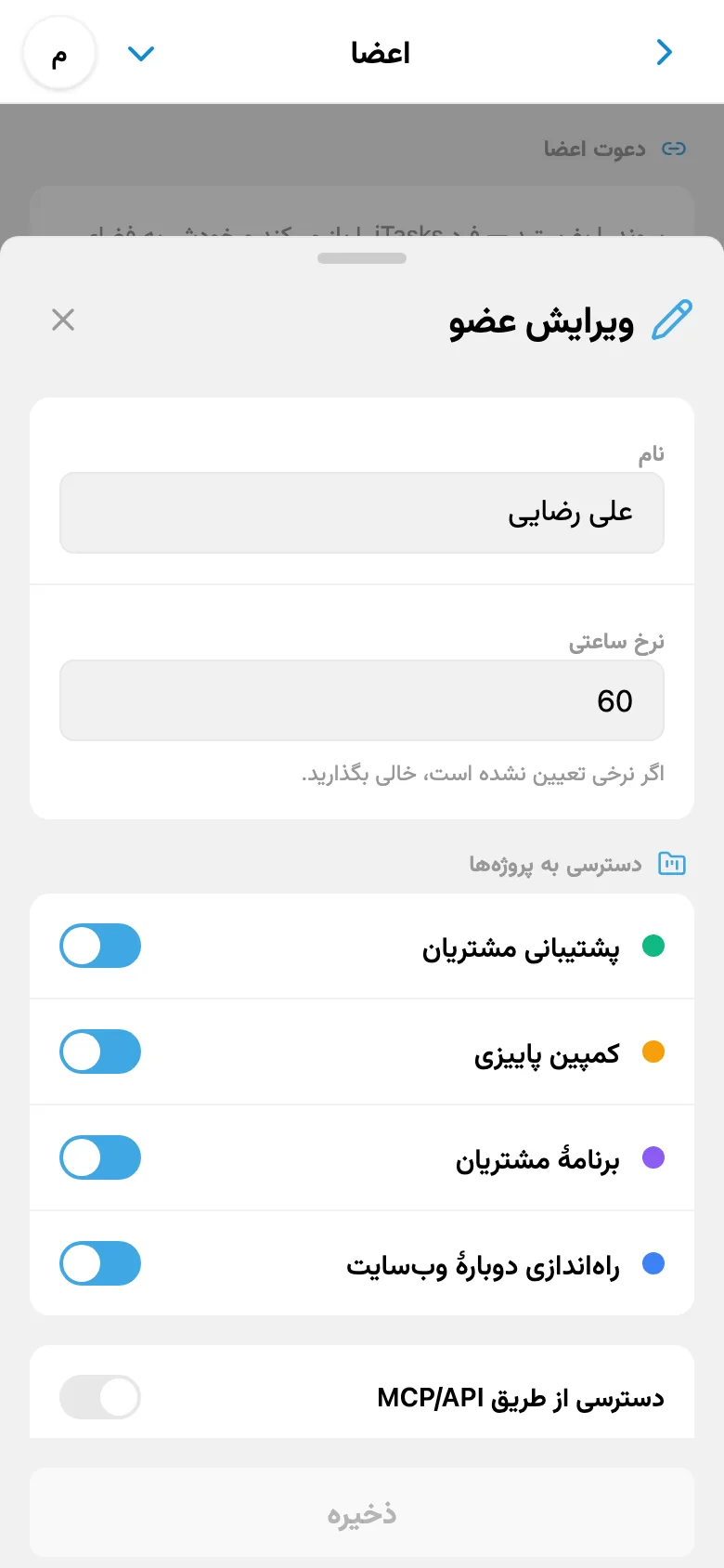 نرخ ساعتی یکی از اعضای تیم