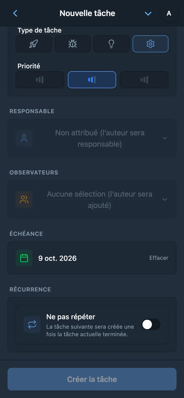 Échéance reconnue dans le même formulaire de tâche