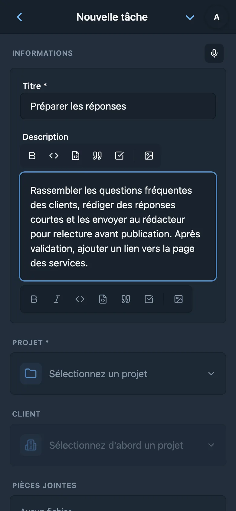 Modification de la description d’une tâche après saisie vocale