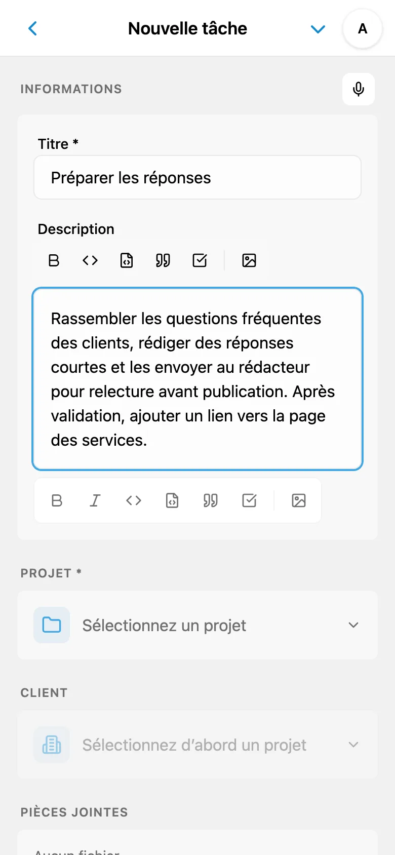 Modification de la description d’une tâche après saisie vocale