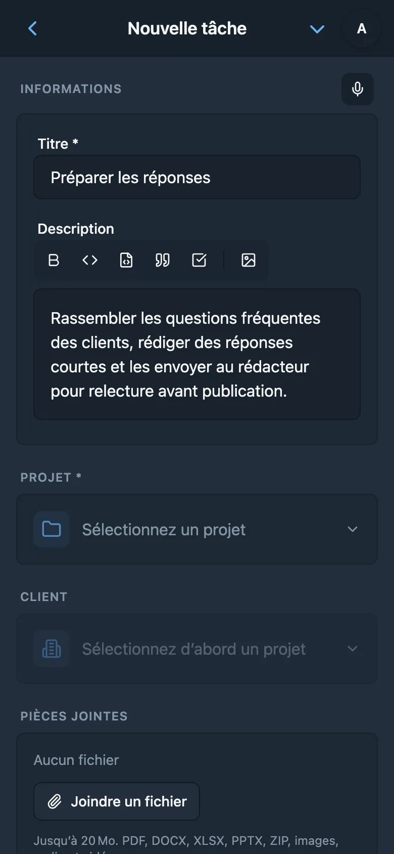 Titre et description d’une tâche préparés à partir d’une dictée