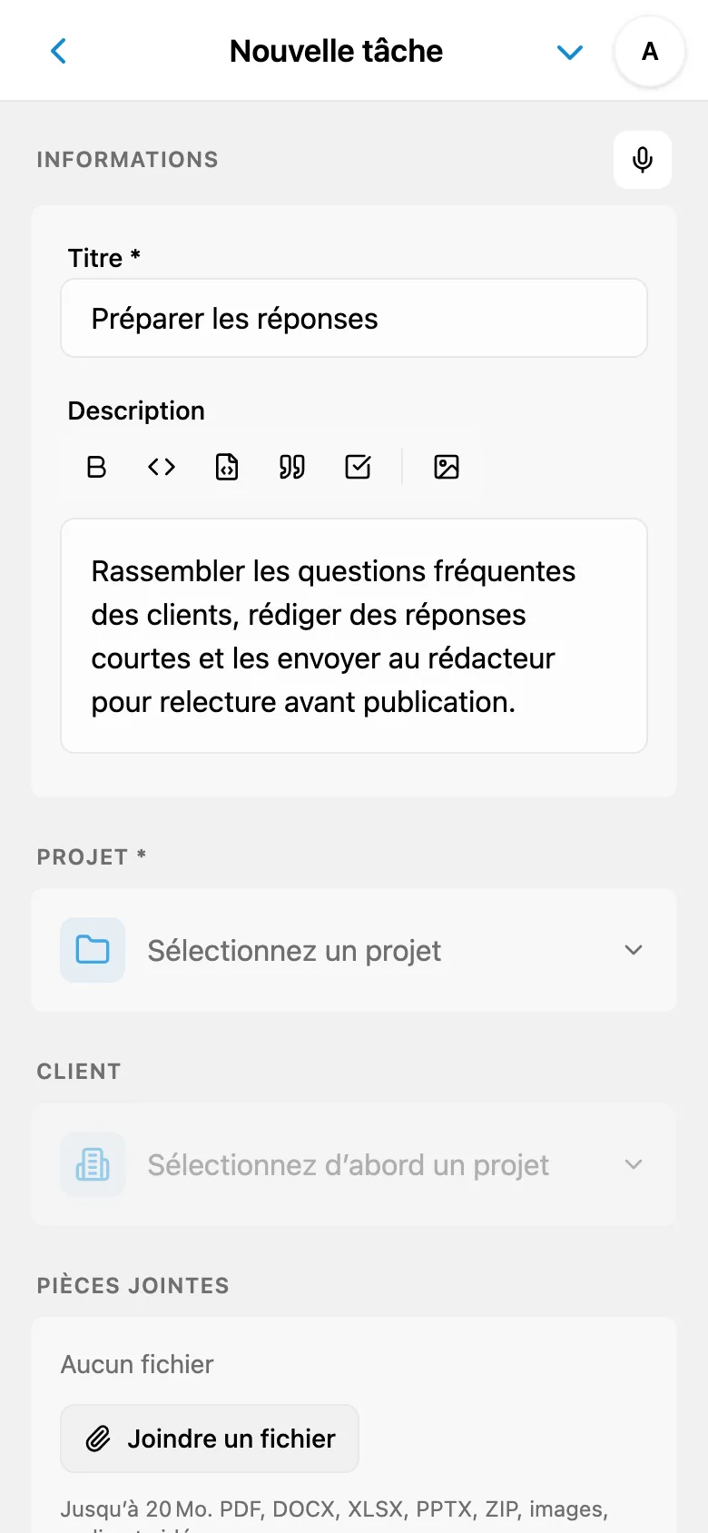 Titre et description d’une tâche préparés à partir d’une dictée