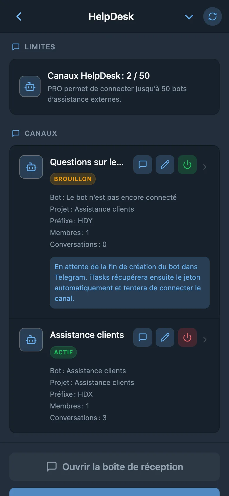 Liste des canaux HelpDesk