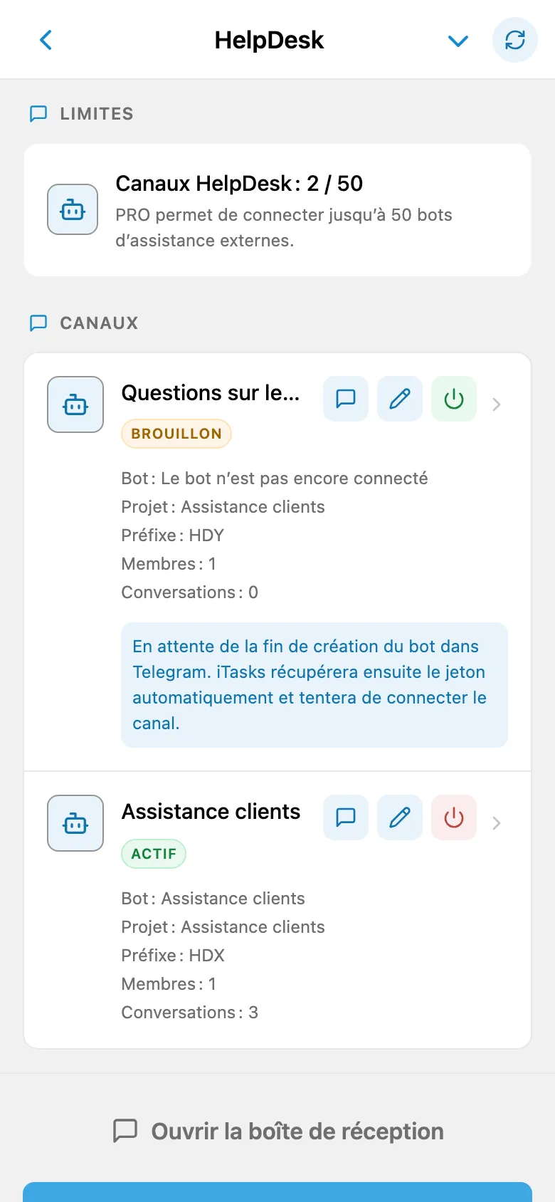 Liste des canaux HelpDesk