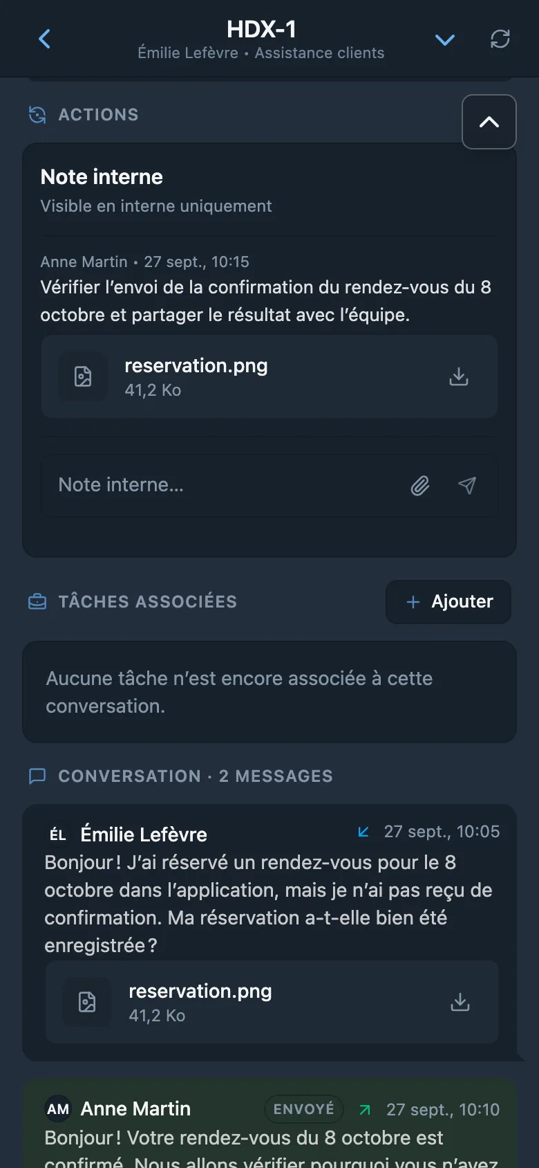 Note interne dans une demande HelpDesk