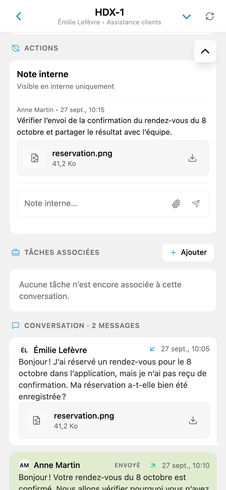 Note interne dans une demande HelpDesk