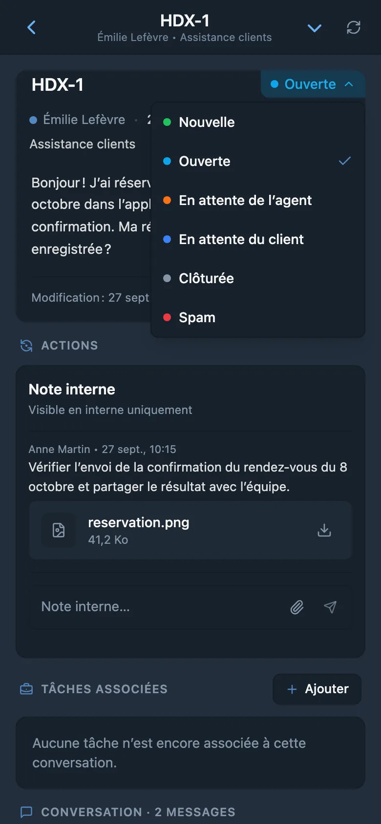 Demande client ouverte affichant son statut et son responsable
